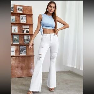 High Waist Ripped Raw Hem Flare Leg Jeans